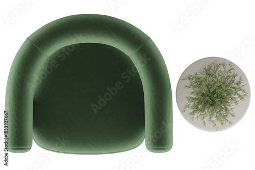 Top View Modern Curved Green Lounge Chair with Side Table and Plant – Isolated PNG Furniture Cutout for Interior Designers