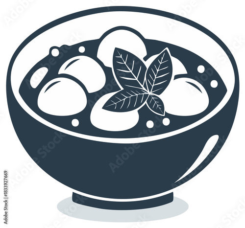 Stylized illustration of a dark bowl filled with soup and large white dumplings garnished with green leaves