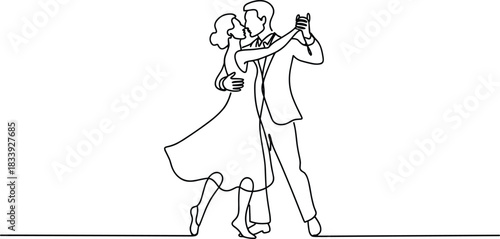 Couple dancing a waltz in continuous line art ballroom
