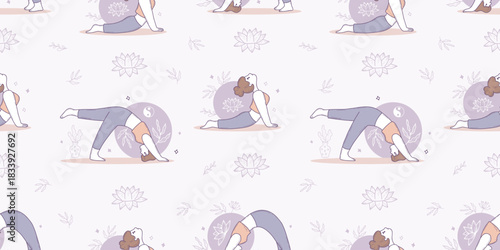 Cute Girl Yoga Seamless Pattern. Women Athletes Doing Pilates and Stretching on Light background with Floral Elements and Lotus. Hand-Drawn Doodle. Vector Horizontal Illustration. Not AI