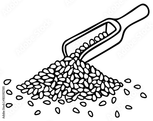 Heap of seeds and scoop illustration, food ingredient, outline art.