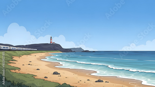Fototapeta Naklejka Na Ścianę i Meble -  Pixel art illustration of a sunny beach with ocean wave and lighthouse view