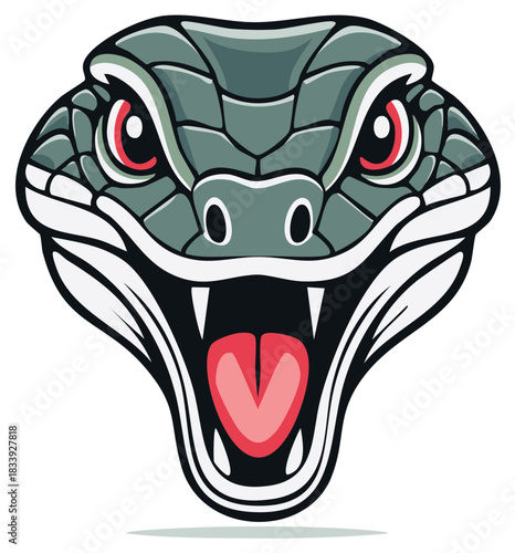 Angry green snake head illustration with open mouth and sharp fangs a fierce cobra mascot