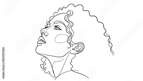 Elegant line art drawing of a woman looking up with curly hair and clean design