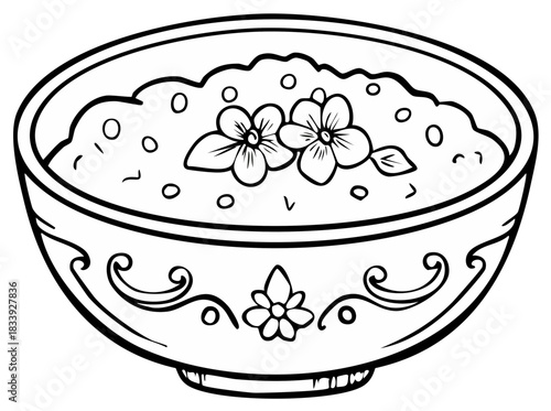 Ornate bowl of food with floral elements, illustration