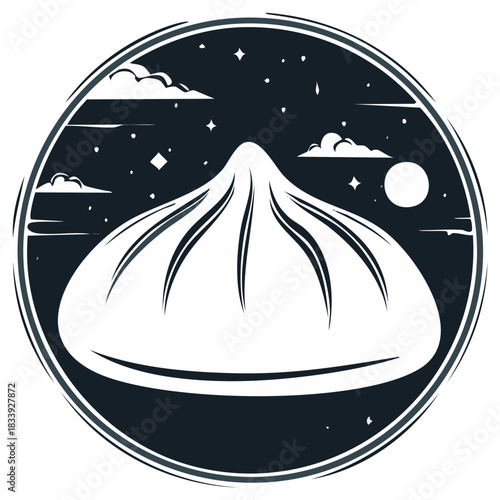 Asian dumpling food with starry night sky and clouds in circular frame design