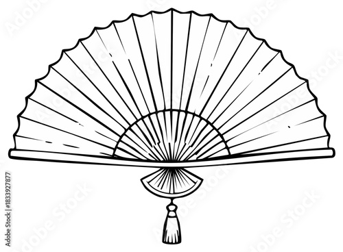 Black and white hand fan illustration. Traditional, decorative fan.