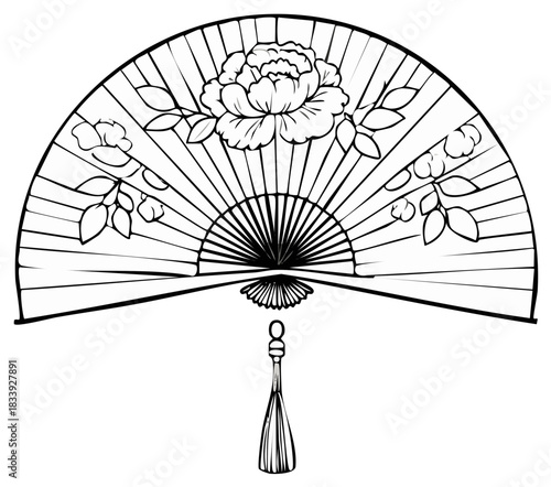 Traditional Asian folding hand fan with peony flower and tassel line art illustration