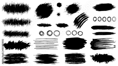 Hand drawn black grunge ink brush strokes set with rough scratchy scribbles and circle textures for design