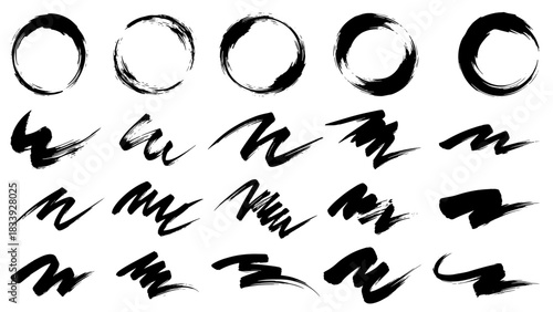 Hand drawn black grunge ink brush strokes set with rough zigzag lines and round circle frames for design elements