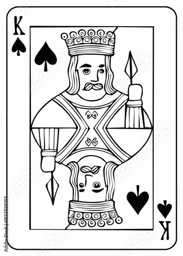 Classic King of Spades playing card illustration in black and white line art style
