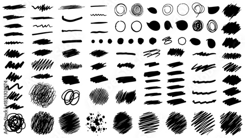 Large collection of hand drawn black grunge brush strokes and rough scribble textures for abstract design elements