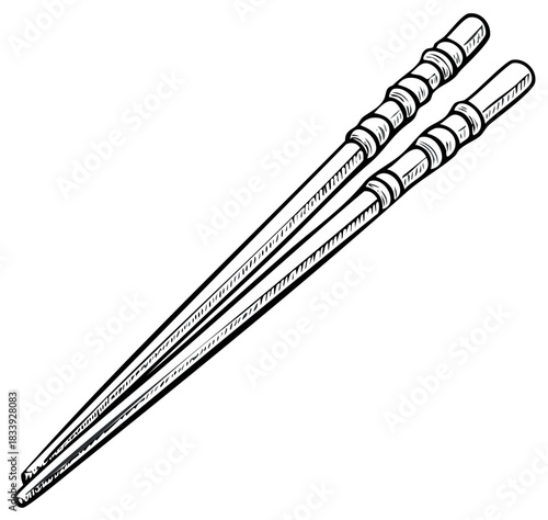 Black and white outline drawing of a pair of elegant Asian chopsticks food utensil