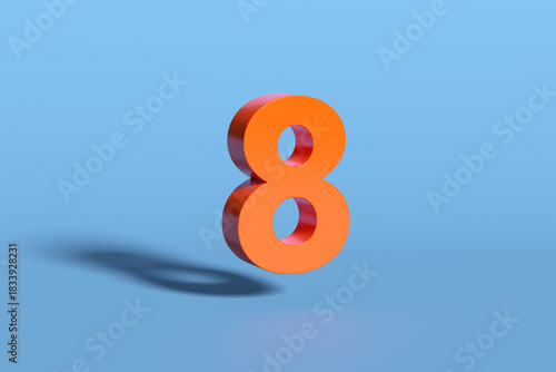 Orange number eight floating on light blue background casting shadow