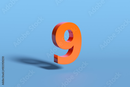 Orange Number Nine Floating on Light Blue Background