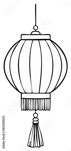 Hand Drawn Black and White Sketch of a Traditional Asian Lantern with Tassel