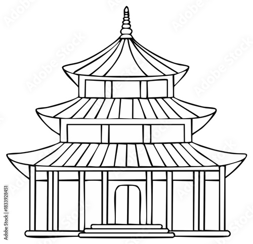 Traditional Asian Pagoda Temple Outline Drawing Simple Line Art Illustration Architecture