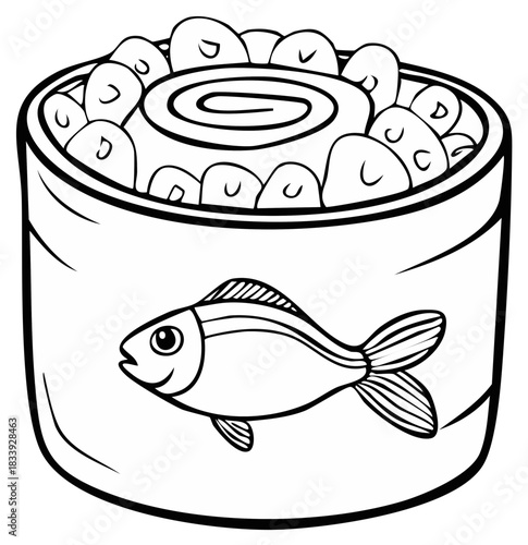 Whimsical line drawing of a sushi roll with a playful fish illustration on the nori