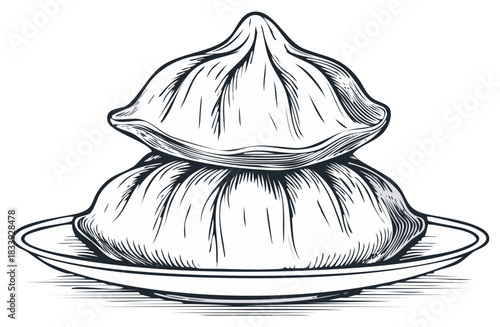 Traditional Modak Dessert Stacked on a Plate Engraved Line Art