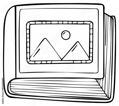 Sketch style photo album with geometric landscape image inside, memory book