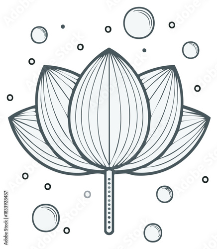 Illustrated lotus flower with surrounding bubbles in a simplified minimalist style