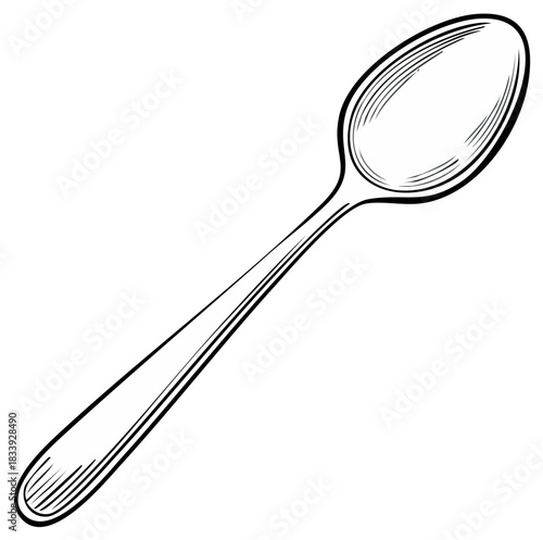 Simple Line Drawing of a Spoon with Detailed Hatching on its Oval Bowl and Slender Handle