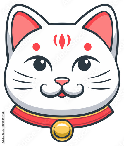 Cute Japanese Maneki Neko lucky cat face with a red collar and bell. A traditional good fortune symbol illustration.