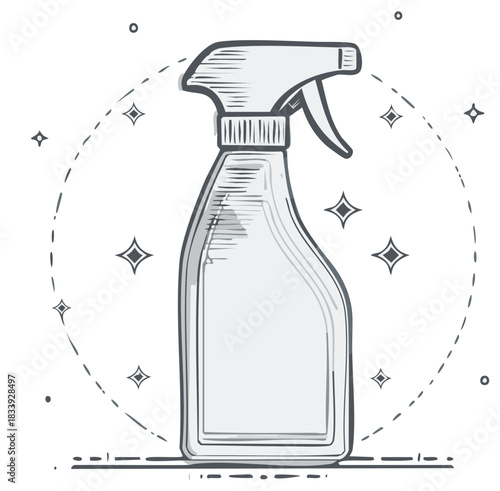 Illustrated spray bottle cleaning product with stars and decorative elements.