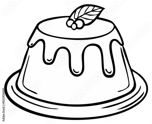 Black and white illustration of a dessert with dripping sauce and a leaf garnish