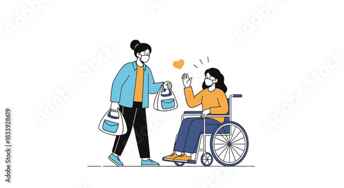 Kind volunteer wearing a face mask gives bags of groceries to a grateful woman in a wheelchair, showing community support.