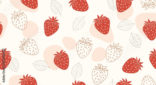 Seamless pattern with hand-drawn red and outlined strawberries, leaves, and abstract pink spots on a light beige background.