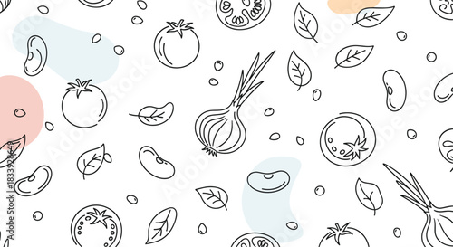 Seamless pattern of hand-drawn vegetables like tomatoes and onions with abstract color spots, creating a fresh, healthy food background.