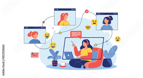Concept of online communication and virtual meetings, showing a woman connecting with colleagues through various digital screens and emojis.