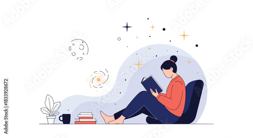 Young woman sitting comfortably and reading a book, with her imagination creating a celestial scene of stars and galaxies.