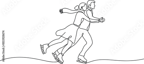Couple ice skating together one line drawing winter