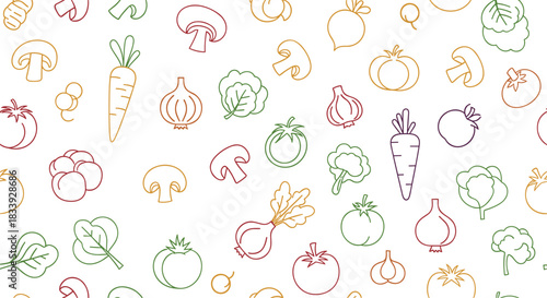 Seamless background pattern featuring a variety of colorful outlined vegetables, perfect for healthy food and kitchen-themed designs.