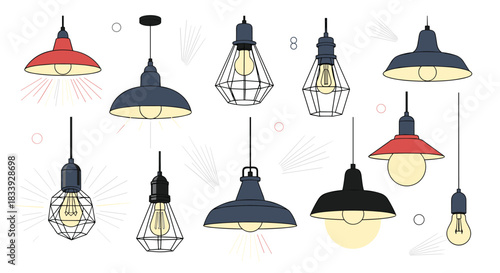 Collection of various industrial and modern pendant lamps and ceiling lights in different styles, perfect for interior design.