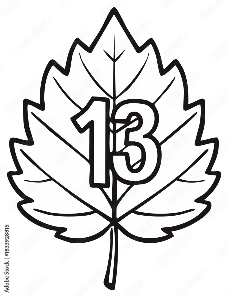 Obraz premium Black and white graphic illustration of the number thirteen within a stylized leaf shape