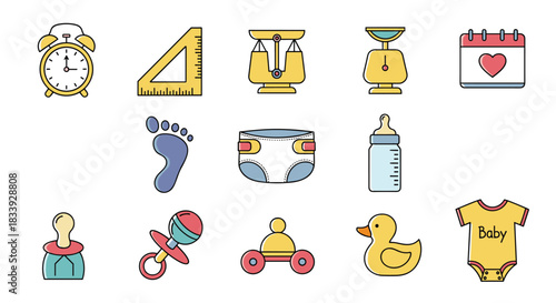 A cute collection of colorful baby and newborn themed icons including a pacifier, bottle, and onesie for shower invitations.