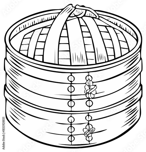 Illustration of a Bamboo Steamer for Asian Cuisine in Line Art Style