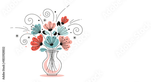 Minimalist line art illustration of a beautiful bouquet of stylized red and blue flowers in a glass vase with decorative swirls.