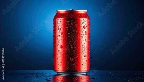 “A red aluminum beverage can with condensation against a blue gradient background.”
