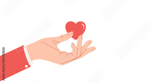 Vector illustration of a person's hand in a red shirt sleeve gently holding a small, shiny red heart on a white background.