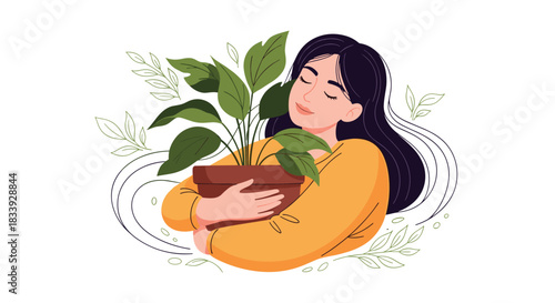 A heartwarming illustration of a young woman with closed eyes peacefully hugging a lush green potted houseplant with affection.