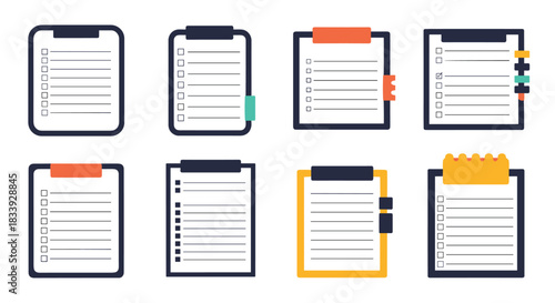 A collection of various flat design clipboard icons, to-do lists, and checklist illustrations for project management concepts.