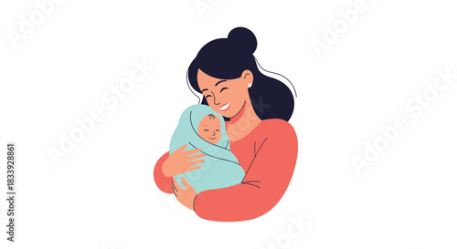 A tender illustration of a smiling young mother with dark hair lovingly holding her swaddled newborn baby close to her chest.