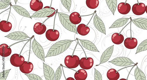 An elegant seamless pattern of ripe red cherries with green leaves on branches against a white background with faint grey swirls.