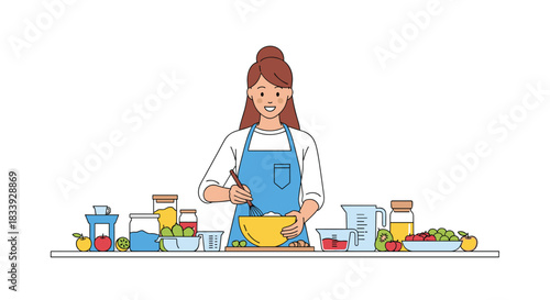A line art illustration of a smiling woman in a blue apron whisking ingredients in a bowl at a kitchen counter full of food.