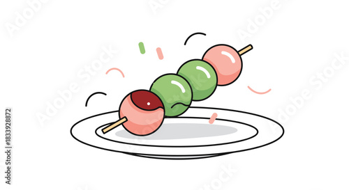 A cute and simple cartoon illustration of a skewer of pink, green, and white Japanese dango dessert resting on a small plate.