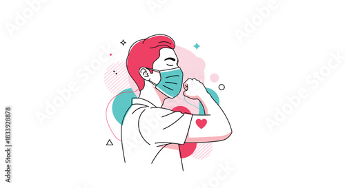 A motivational line art illustration of a man wearing a face mask and flexing his bicep, symbolizing strength during a pandemic.